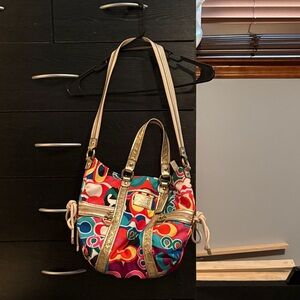 Coach Multicolor Patterned Shoulder Bag with Gold Accents